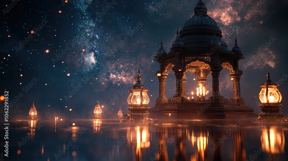 Majestic Candlelit Shrine with Traditional Motifs and Floating Lamps: Perfect Poster for Serene Home Decor or Yoga Studio Ambiance Under a Starry Celestial Sky Majestic Candlelit Shrine with Traditional Motifs and Floating Lamps: Perfect Poster for Serene Home Decor or Yoga Studio Ambiance Under a Starry Celestial Sky