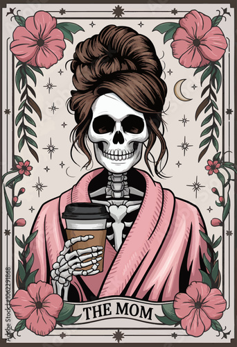 An artistic illustration of a skeletal figure of a woman with a voluminous updo hairstyle. She is wearing a pink robe and is holding a coffee cup
