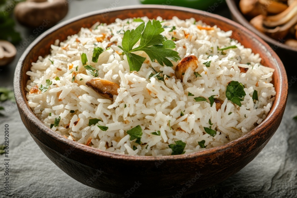 Creamy Mushroom Rice Garnished with Fresh Herbs Creamy Mushroom Rice Garnished with Fresh Herbs