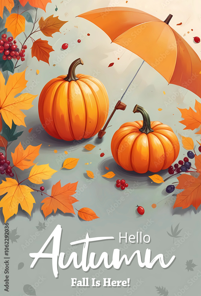 Hello Autumn poster with orange umbrella surrounded by pumpkins and fall leaves Hello Autumn poster with orange umbrella surrounded by pumpkins and fall leaves