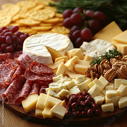 Savor a luxurious cheese platter featuring Mozzarella, Cheddar, Brie, Parmesan, and Gouda, paired with fresh fruits, nuts, and crackers for a gourmet culinary experience photo