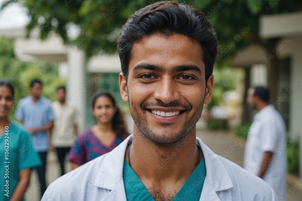 Close portrait of a smiling young Mauritian man doctor looking at the camera, Mauritian hospital blurred background Close portrait of a smiling young Mauritian man doctor looking at the camera, Mauritian hospital blurred background