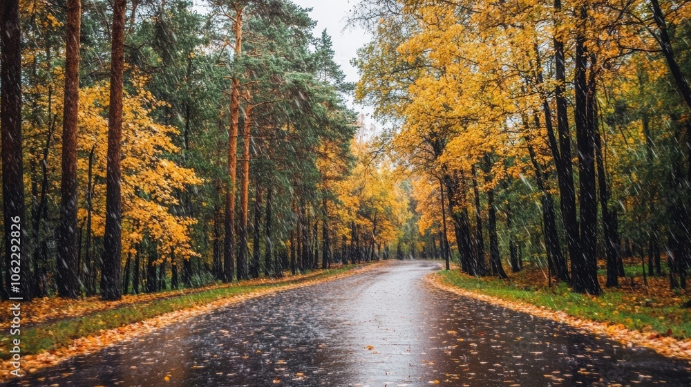 Obraz premium Captivating autumn drive through a vibrant forest path adorned with colorful leaves and rainy atmosphere