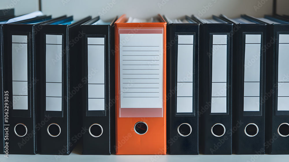 A series of black office binders aligned in a row. Among these binders, there's a distinct orange one standing out. The orange binder is positioned between two black ones, and it has a label A series of black office binders aligned in a row. Among these binders, there's a distinct orange one standing out. The orange binder is positioned between two black ones, and it has a label