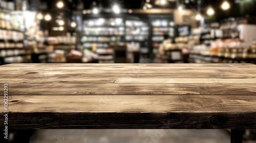 Empty wooden tabletop set against a blurred supermarket background for product display.