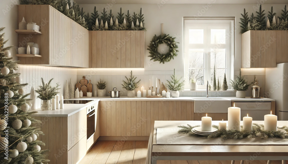 A kitchen with a Christmas tree and wreath on the wall. The kitchen is decorated with candles and other Christmas decorations A kitchen with a Christmas tree and wreath on the wall. The kitchen is decorated with candles and other Christmas decorations