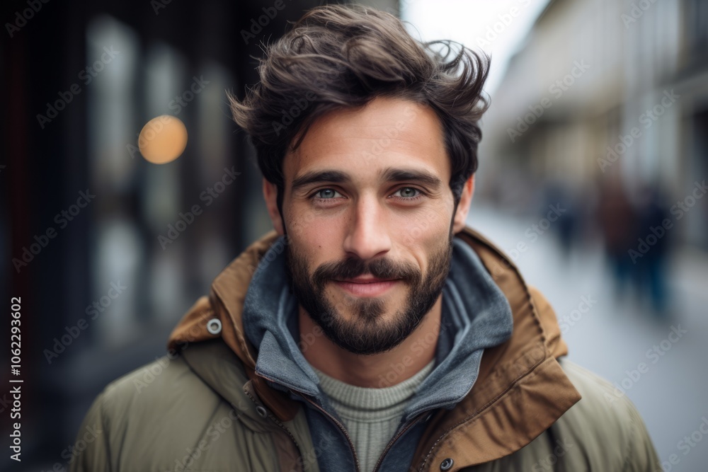 Portrait of young handsome man with beard in the city streets. Portrait of young handsome man with beard in the city streets.