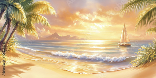 A serene sunset at the beach with a calm sea and sailboat surrounded by lush palm trees
