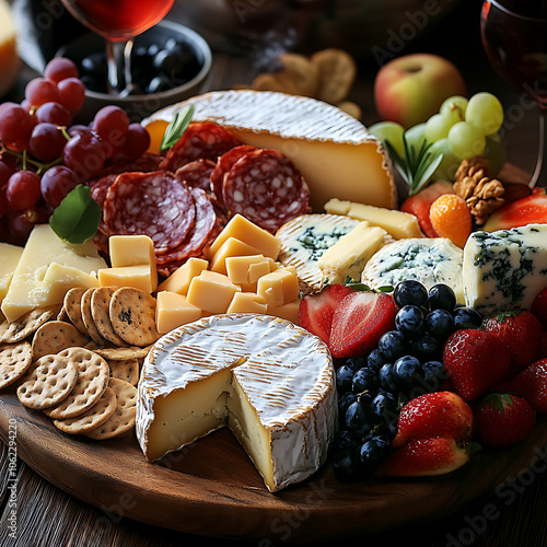 Cheese and Nut Tray with Fresh Fruit on a Rustic Wood Board