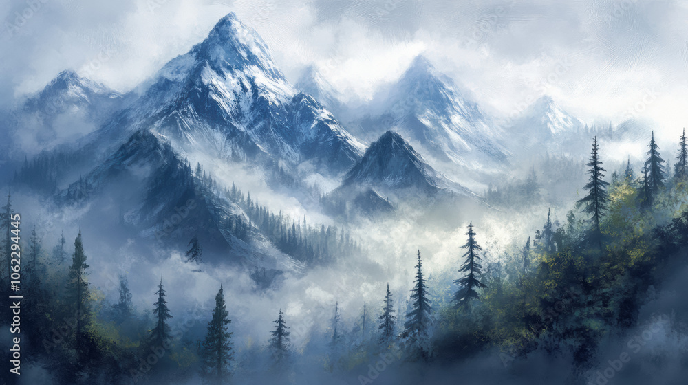 Majestic mountain landscape wrapped in mystical fog and pine forests beneath a serene sky Majestic mountain landscape wrapped in mystical fog and pine forests beneath a serene sky