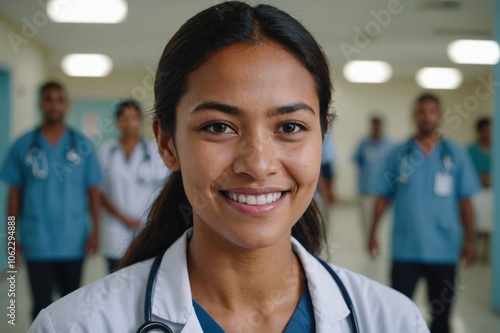 Close portrait of a smiling young Nauruan woman doctor looking at the camera, Nauruan hospital blurred background