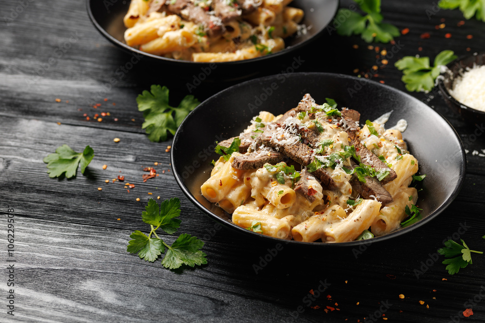 Philly cheese steak pasta in black bowl Philly cheese steak pasta in black bowl