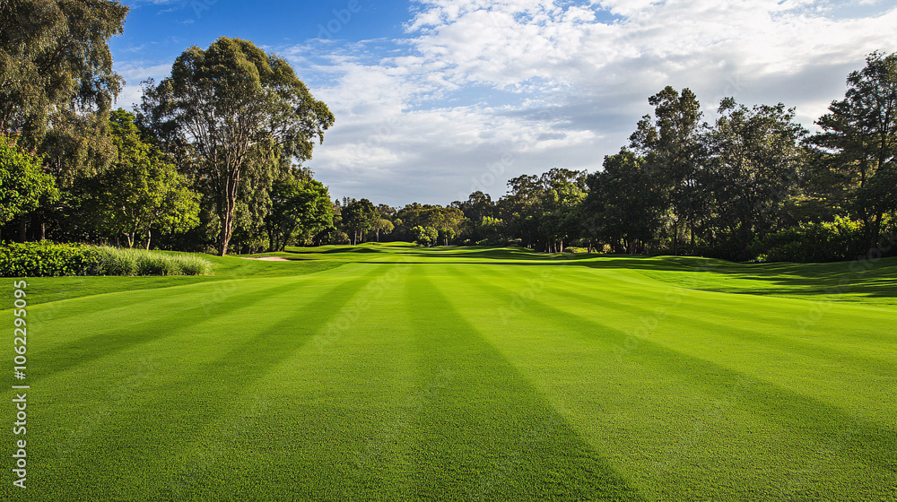 green grass golf course landscape under blue sky green grass golf course landscape under blue sky