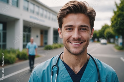 Close portrait of a smiling young New Zealander man doctor looking at the camera, New Zealander hospital blurred background