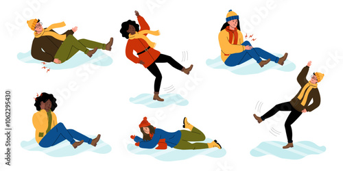 People slipping on icy surfaces wearing winter clothes in a playful winter scenario
