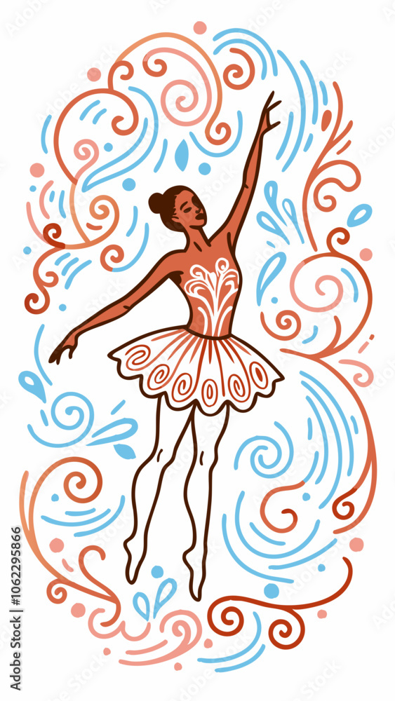 Ballet dancer in joyful pose surrounded by colorful swirls in blue and orange Ballet dancer in joyful pose surrounded by colorful swirls in blue and orange