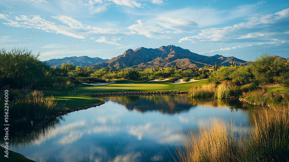 Fototapeta premium serene green valley golf course with mountain views and reflecting water