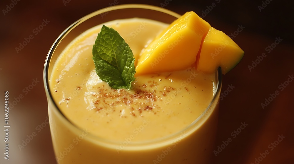 A creamy mango smoothie topped with a slice of fresh mango and mint A creamy mango smoothie topped with a slice of fresh mango and mint