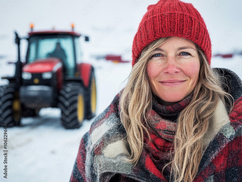 A smiling middle-aged female farmer in a red hat and plaid coat stands in a snowy field with a red tractor in the background. A smiling middle-aged female farmer in a red hat and plaid coat stands in a snowy field with a red tractor in the background.