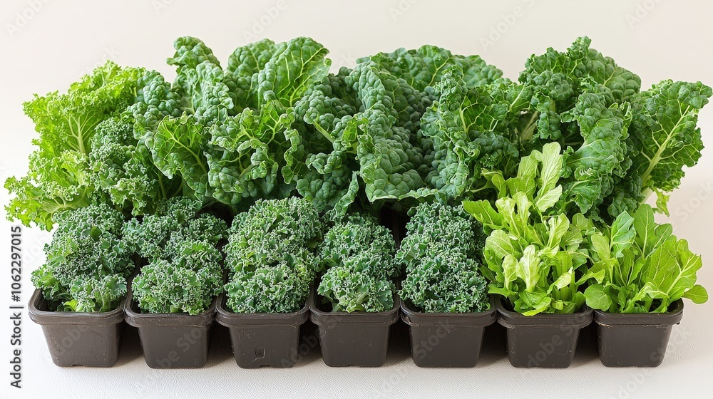 Organic kale and leafy greens: fresh variety in black seedling trays for eco-friendly gardening Organic kale and leafy greens: fresh variety in black seedling trays for eco-friendly gardening