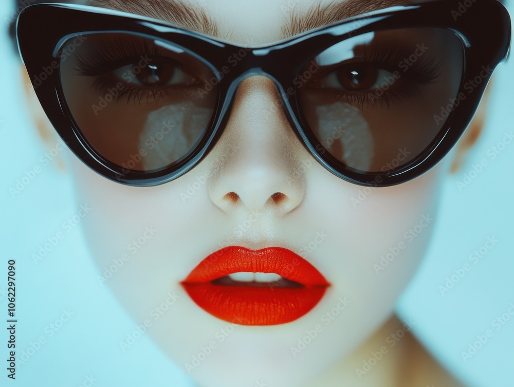 A close-up portrait of a woman with striking red lips and dark sunglasses, exuding a chic and mysterious summer vibe. A close-up portrait of a woman with striking red lips and dark sunglasses, exuding a chic and mysterious summer vibe.