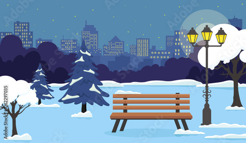 A serene winter night scene with a snow-covered park bench and city skyline in the background