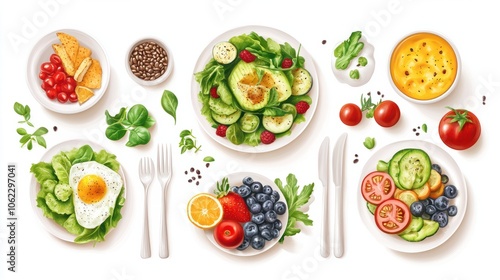 Meal plan with healthy food on white background. Diet concept