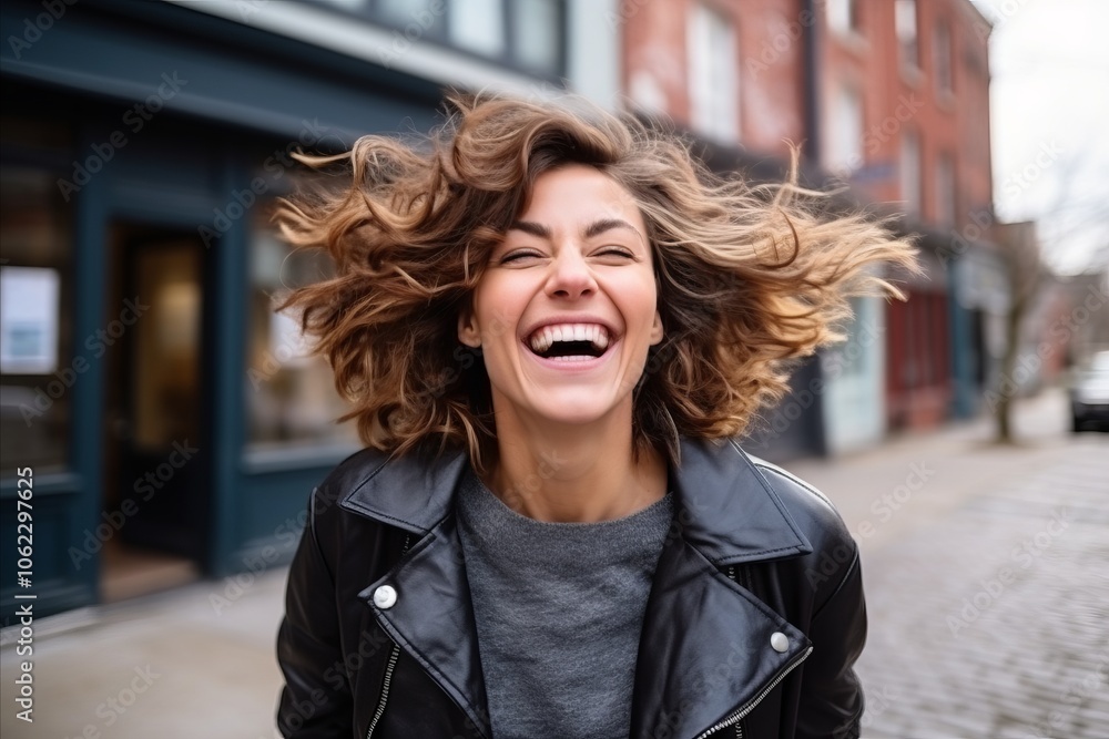Portrait of a happy young woman with her hair in the wind Portrait of a happy young woman with her hair in the wind