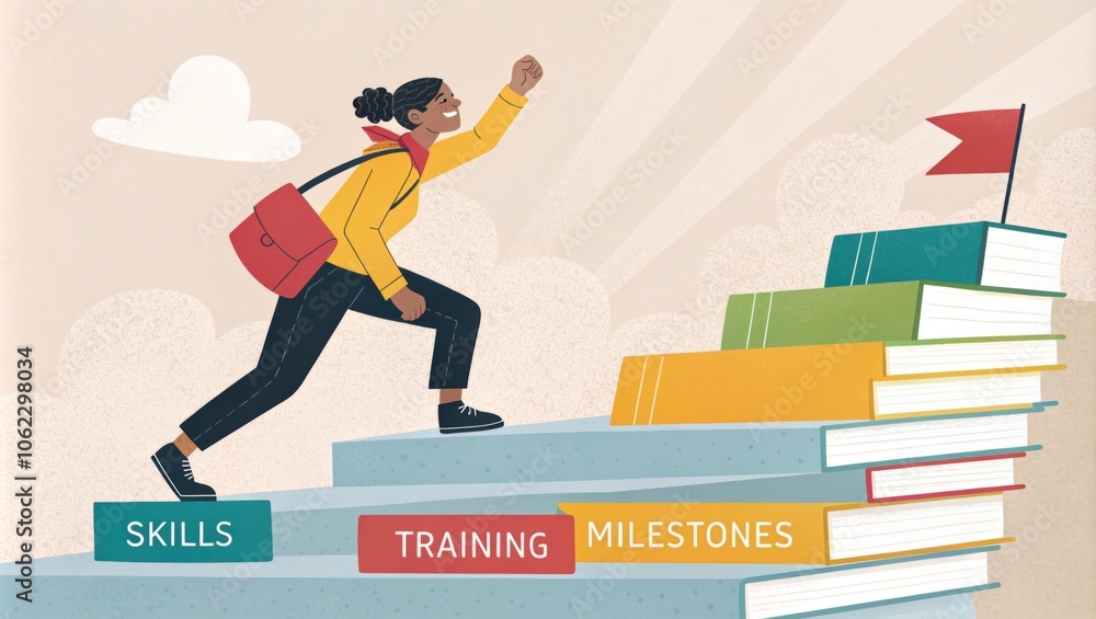 Character climbing a staircase made of books, each step labeled with different skills and training, bright colors and dynamic elements representing the journey of professional development Character climbing a staircase made of books, each step labeled with different skills and training, bright colors and dynamic elements representing the journey of professional development