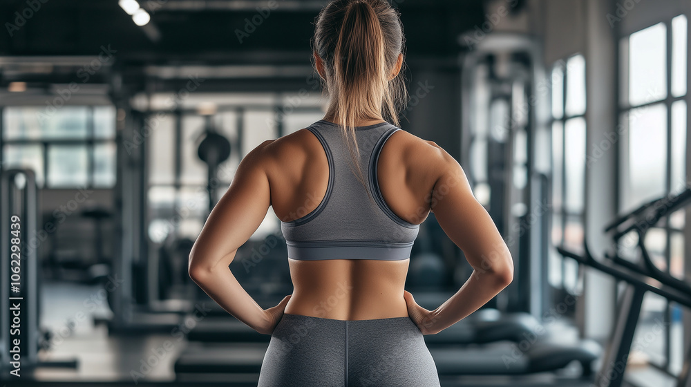 Fototapeta premium Młoda kobieta w obcisłych szarych legginsach fitness, z widokiem od tyłu, emanuje pewnością siebie i energią. 