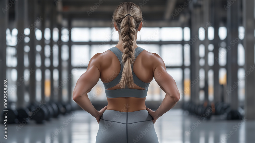 Obraz premium Młoda kobieta w obcisłych szarych legginsach fitness, z widokiem od tyłu, emanuje pewnością siebie i energią.