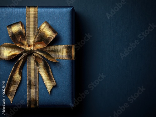 A dark blue gift box with an elegant gold ribbon sits on a dark background, creating a luxurious and sophisticated atmosphere. photo