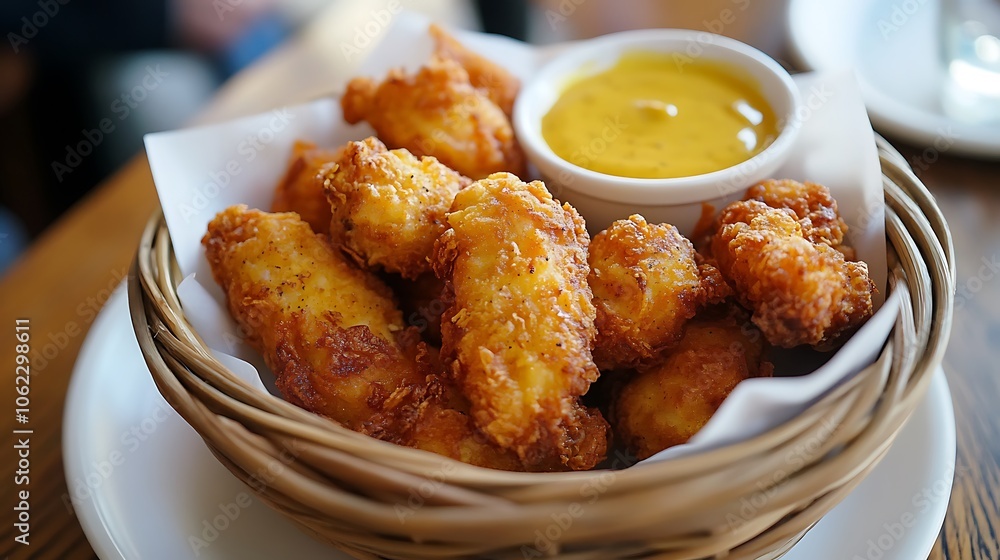 A crispy chicken tender basket served with honey mustard dipping sauce A crispy chicken tender basket served with honey mustard dipping sauce