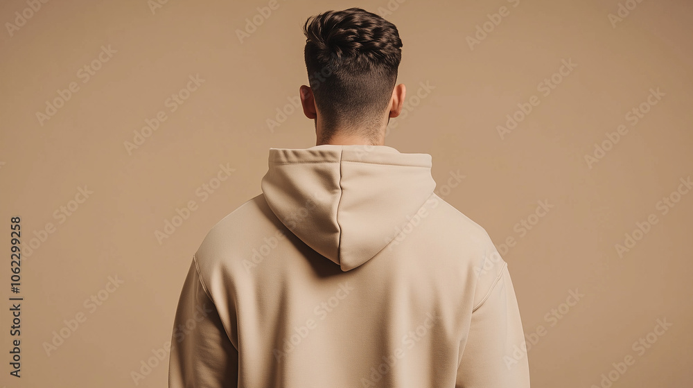 Obraz premium Person in cream hoodie on pink background (back view), Man in mockup blank hoodie back view with hood down
