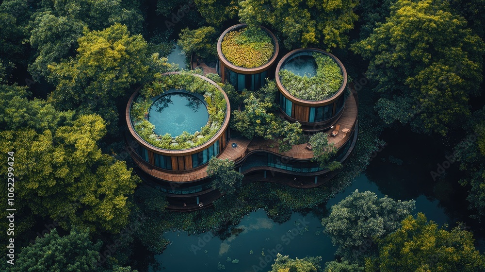 An aerial view of a modern treehouse with a pool and a green roof, surrounded by lush forest. An aerial view of a modern treehouse with a pool and a green roof, surrounded by lush forest.
