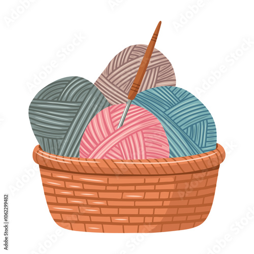 Illustration of a craft basket with skeins of yarn and a crochet hook. Knitting tools. Handicraft, hobby, hand knitting. Coziness concept.
