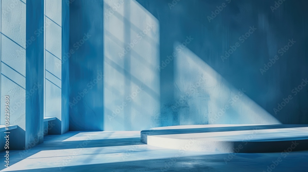 Product presentation backdrop in blue with shadows and light: vacant display stands. Product presentation backdrop in blue with shadows and light: vacant display stands.