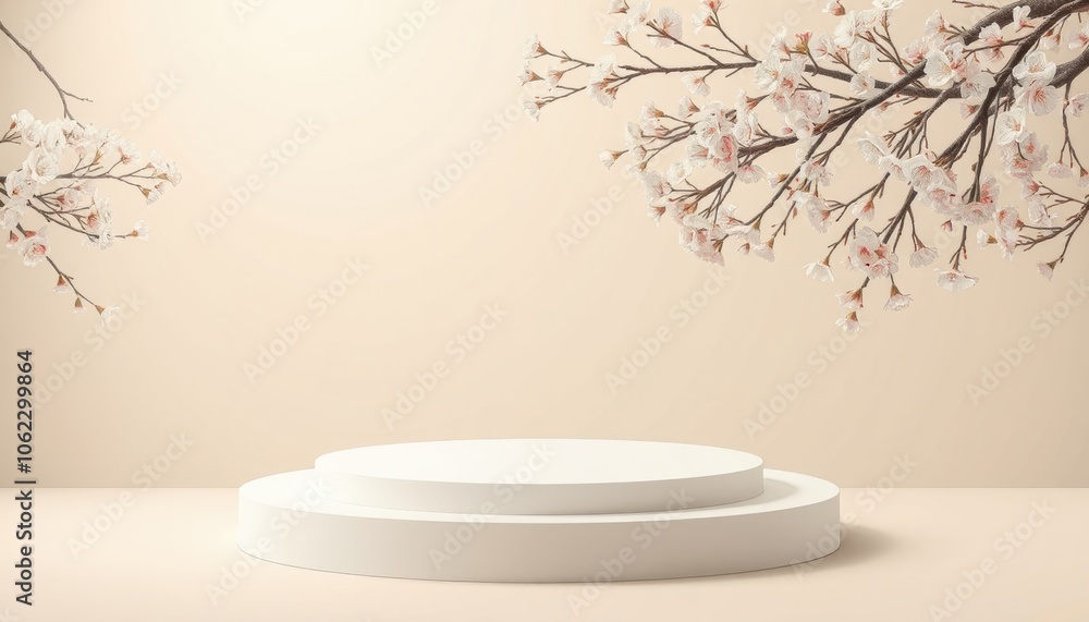 Product display podium with blossom flowers Product display podium with blossom flowers
