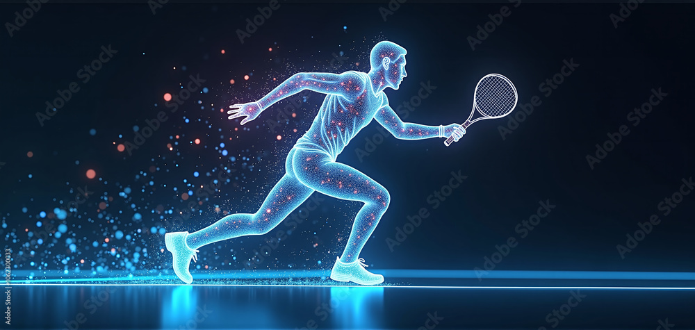 illustrative depiction of a tennis player made of bright graphic lines, dynamics and speed of the tennis game illustrative depiction of a tennis player made of bright graphic lines, dynamics and speed of the tennis game
