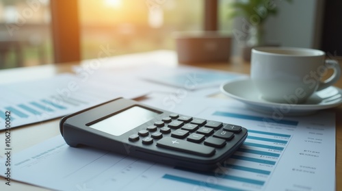 a modern savings calculator on a sleek desk, surrounded by financial documents and a cup of coffee, focus on the calculator's display showing savings calculations, professional and organized 