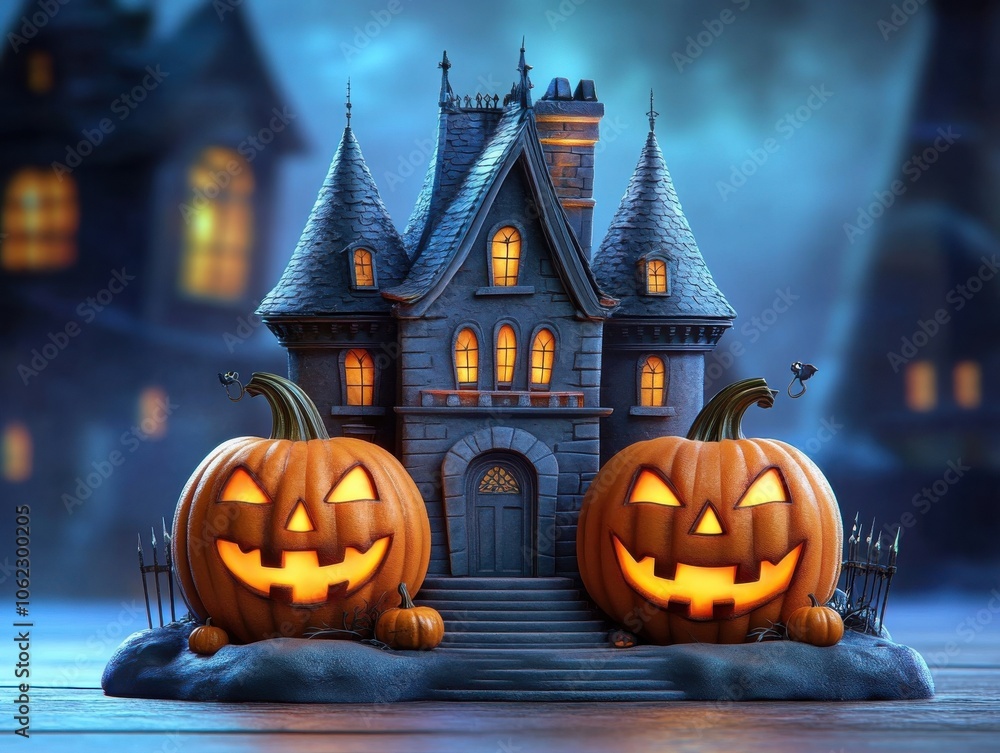 A spooky Halloween scene featuring a haunted house with glowing jack-o'-lanterns on a misty night. The design evokes an eerie and festive atmosphere. A spooky Halloween scene featuring a haunted house with glowing jack-o'-lanterns on a misty night. The design evokes an eerie and festive atmosphere.