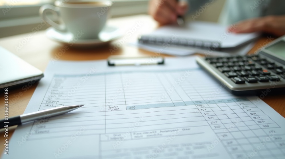 Close-up of a desk with a printed monthly budget plan, a calculator, and a coffee cup, pen and paper for handwritten notes, soft natural lighting from a nearby window, organized and focused workspace Close-up of a desk with a printed monthly budget plan, a calculator, and a coffee cup, pen and paper for handwritten notes, soft natural lighting from a nearby window, organized and focused workspace