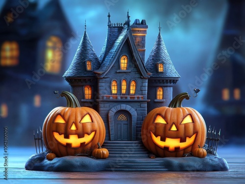 A spooky Halloween scene featuring a haunted house with glowing jack-o'-lanterns on a misty night. The design evokes an eerie and festive atmosphere. photo