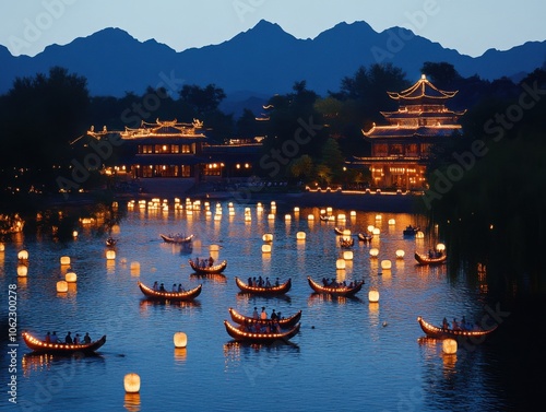 Illustration of traditional dragon boats illuminated during the Duanwu Festival at dusk with lanterns floating on a serene river, surrounded by mountains. photo