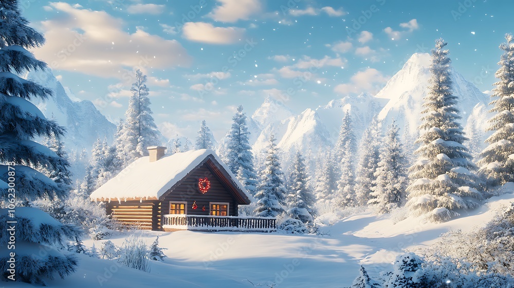 Naklejka premium Christmas snowy cabin and pine trees