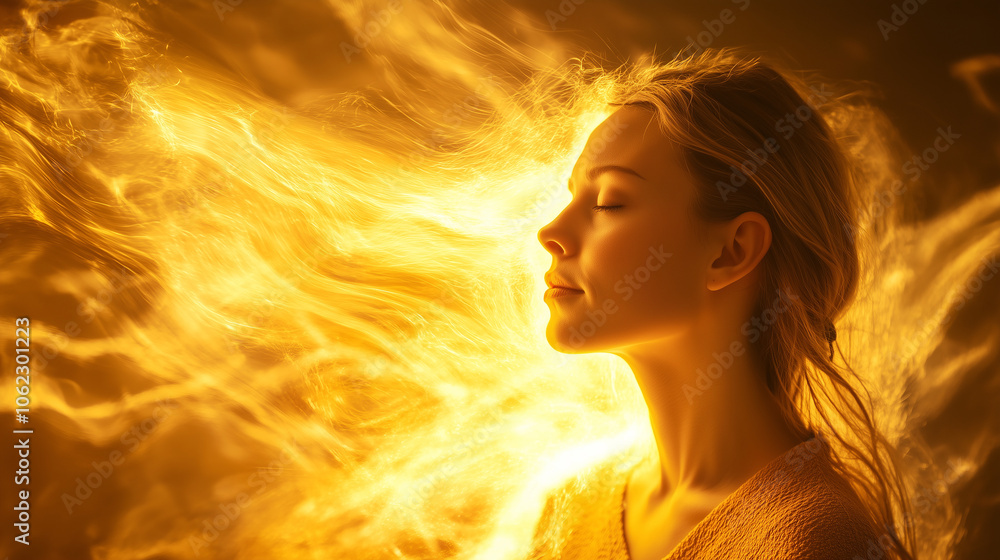 Obraz premium Kobieta w chwili skupienia, wykonująca terapię energetyczną, emanuje wewnętrzną siłą. Wokół jej ciała krąży jasna energia, z dynamicznymi kształtami i kolorami. 