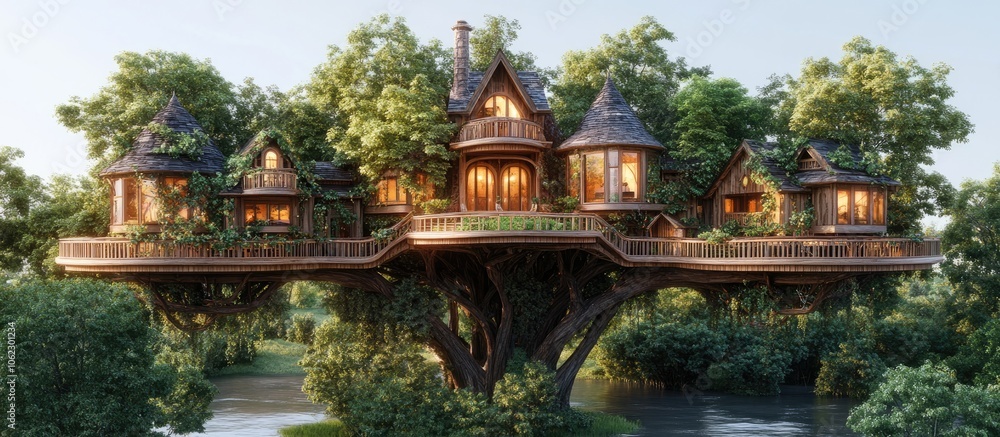 Fototapeta premium A large, beautiful treehouse with several rooms, a balcony, and a view of the river and surrounding forest.
