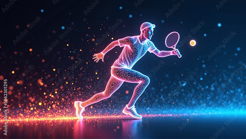 Fototapeta premium illustrative depiction of a tennis player made of bright graphic lines, dynamics and speed of the tennis game