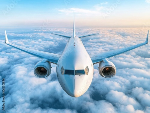 A cinematic shot of an airplane flying above the fluffy clouds, capturing a serene travel vibe with pastel skies in the background. photo