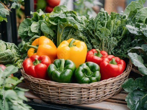 A wicker basket filled with assorted organic vegetables, including vibrant bell peppers and leafy greens, on a rustic surface.